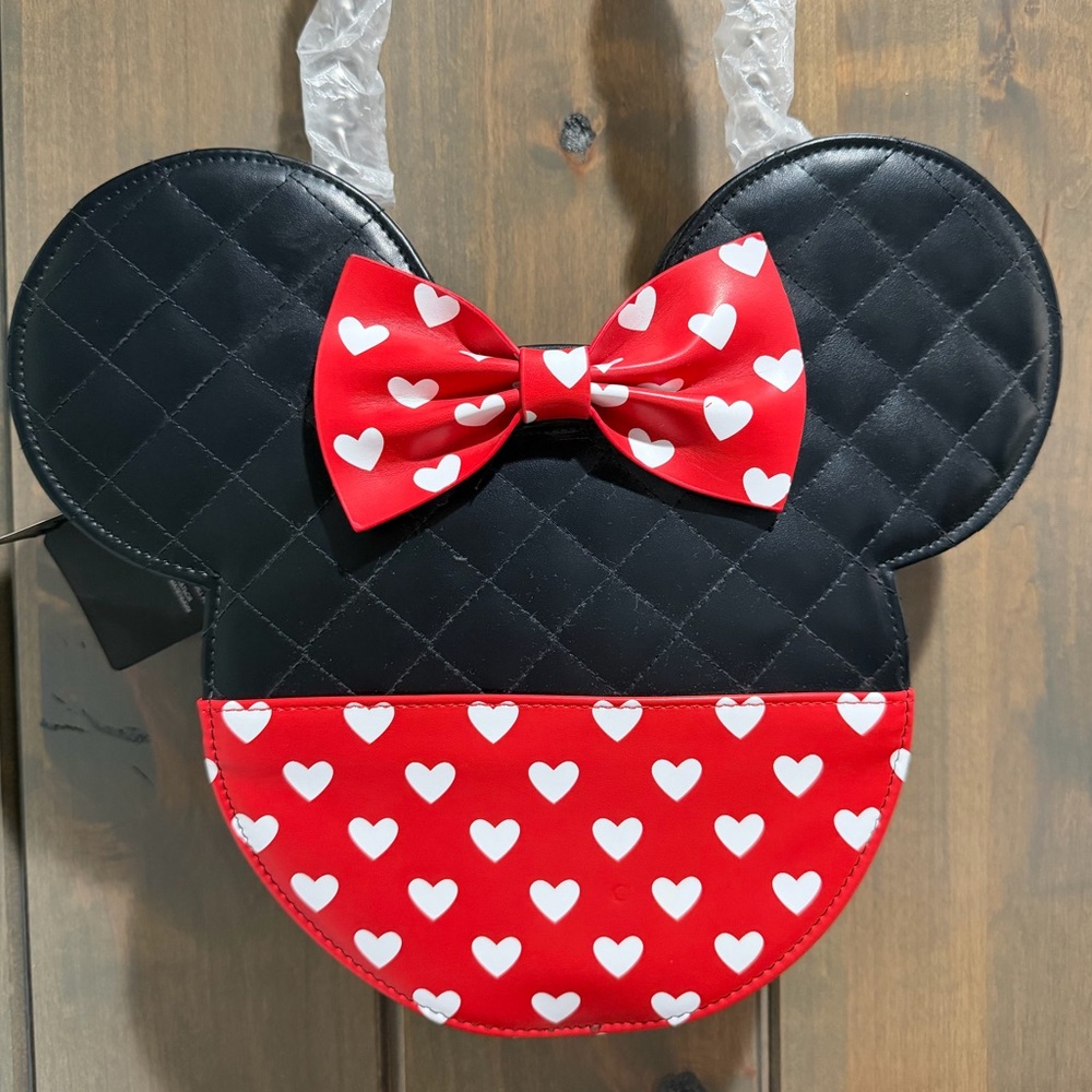 Loungefly Black Quilted Minnie Mouse Crossbody with Red Heart Bow